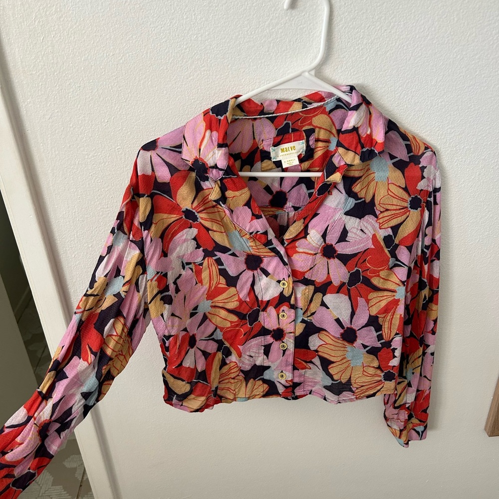 Maeve by Anthropologie Maeve Multicolor Floral Button Crop Shirt